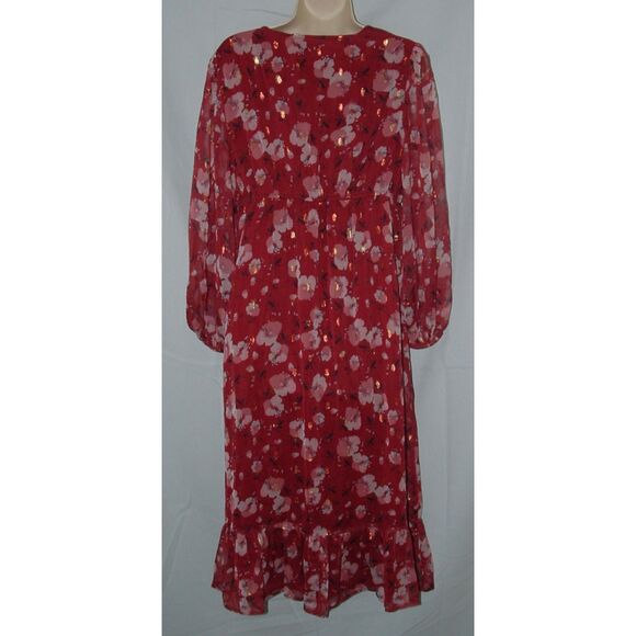 DIZZY LIZZY Sparkly Maroon Floral Sz Medium Church Office Lined Flowy Midi Dress - Picture 3 of 4